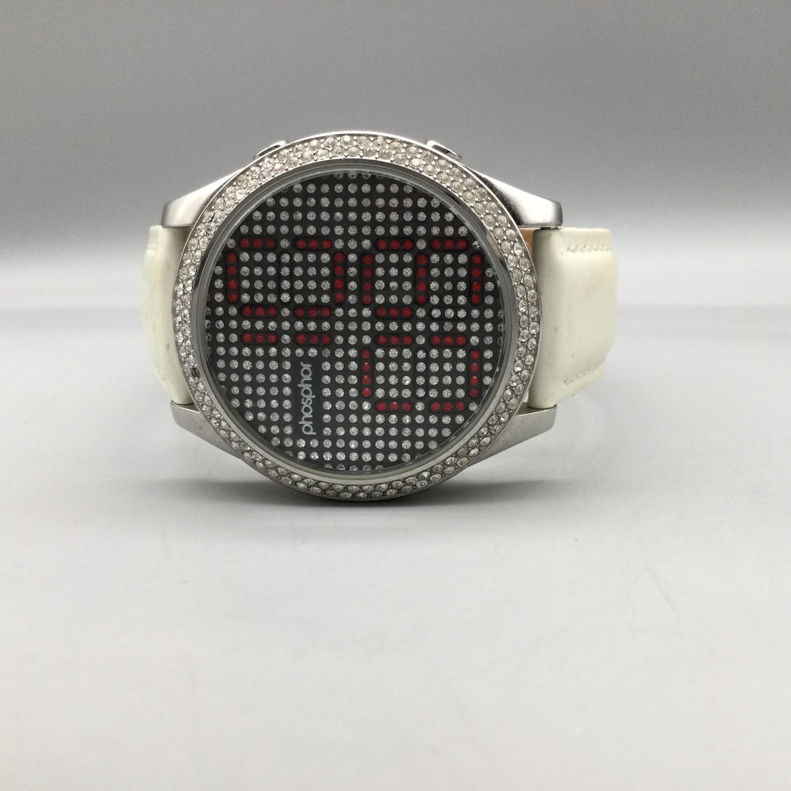 Phosphor Reveal Womens Watch 39mm Crystals LED Digital White Leather New Battery