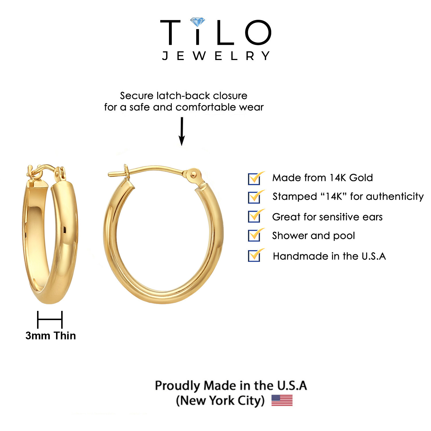 14K Real Solid Gold Classic Polished Half Round Tube Oval Hoop Earrings 18mm