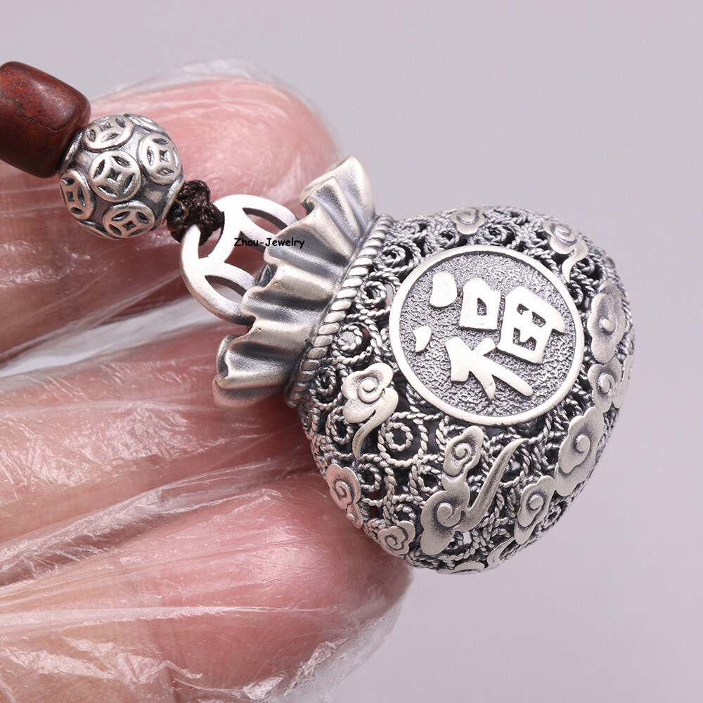 Pure S999 Sterling Silver Pendant Women Men Hollow Fu Bag Pendant 25-26g 38*31mm