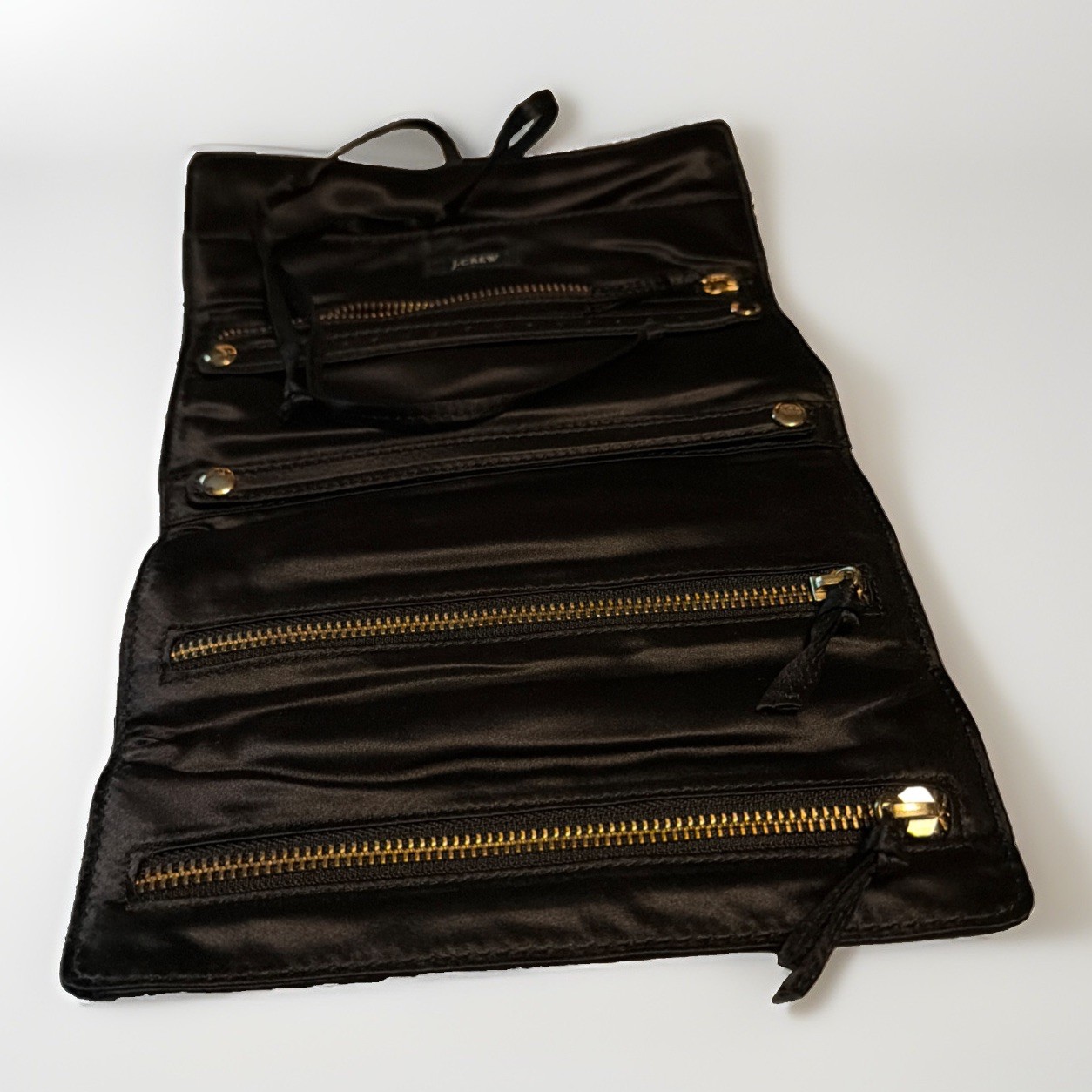 J.Crew Black Satin Roll Up Travel Jewelry Organizer Case 3 Zip Pockets