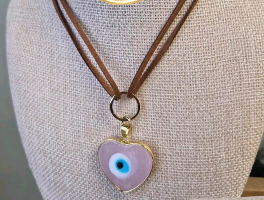 Heart Evil Eye Pendant Charm Necklace with Brown, Pink, Blue, Gold Cord Colors