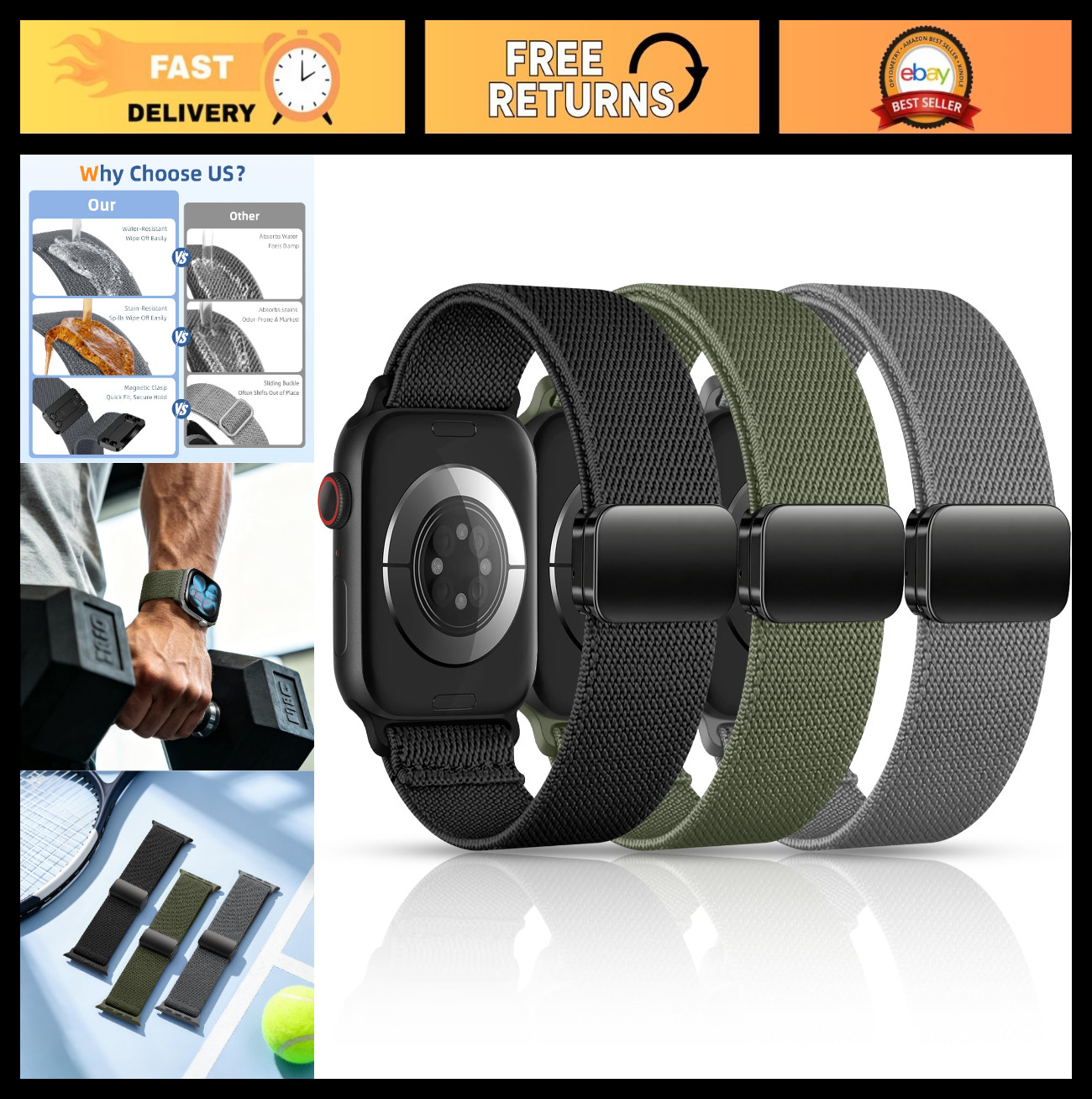 3 Pack Stretchy Magnetic Bands for Apple Watch 38mm-49mm, Nylon Waterproof Sport