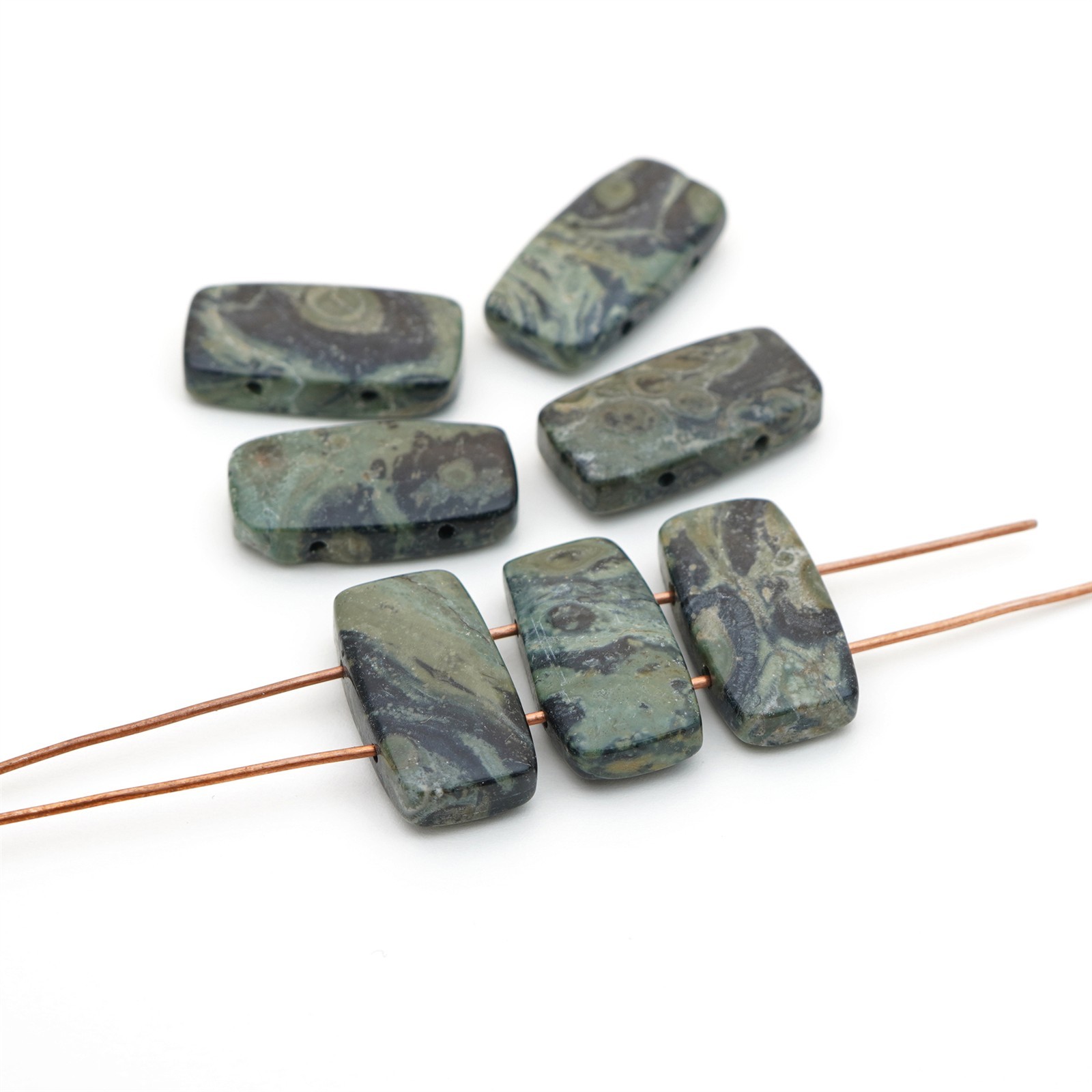 7 kambaba jasper flat rectangle 2 hole stone beads black green avg 20mm