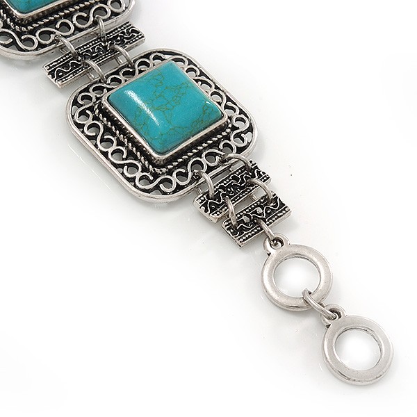 Vintage Turquoise Stone Square Filigree Bracelet With Toggle Clasp -18cm Length