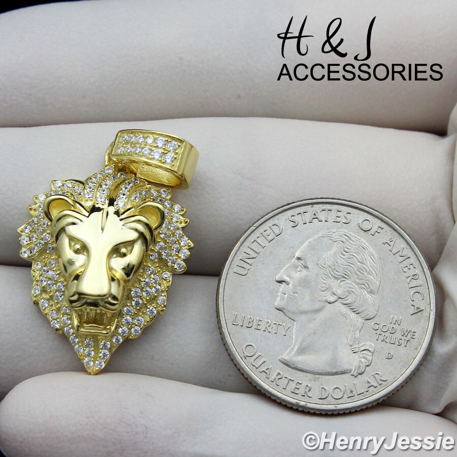 MEN 925 STERLING SILVER ICY BLING CZ GOLD PLATED LION FACE CHARM PENDANT*AGP185