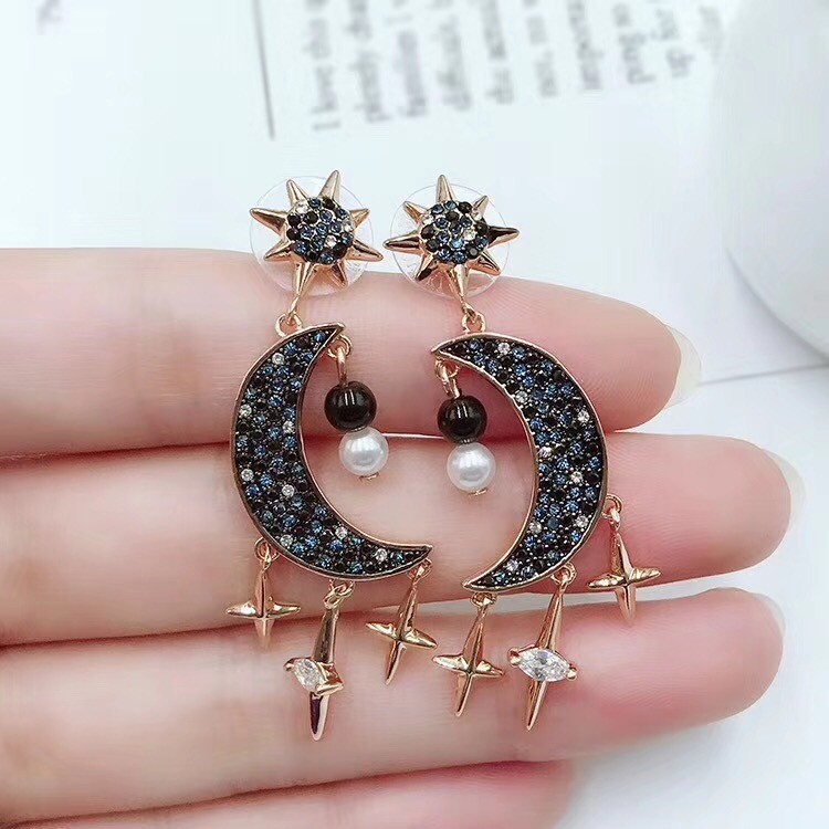 Swarovski Crystal Moon & Star Earrings – Mysterious Pearl Tassel Jewelry
