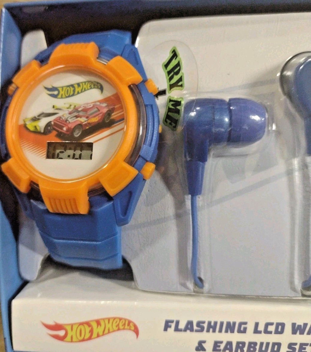 Kids Watch Hot Wheels Kids Watch Light-Up LCD Display & Earbud Set New. T13