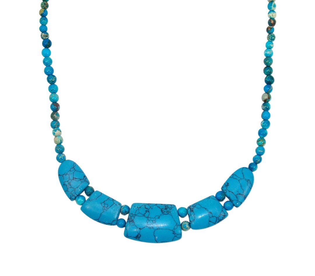 Turquoise stone necklace with large stones in front, small round bead neck New