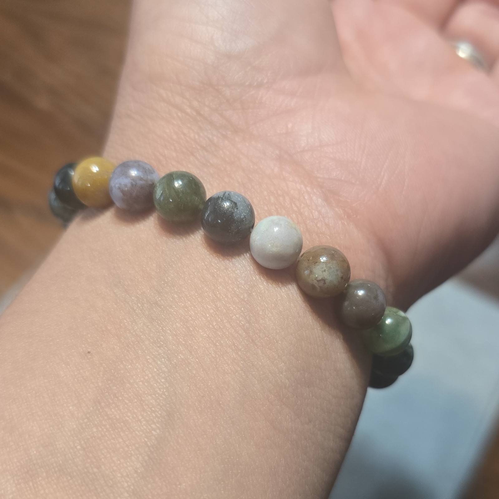Moss Agate Beaded Stretch Bracelet, Round Beads, Stackable, No Closure