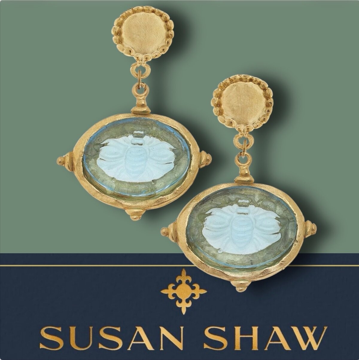 Susan Shaw Earrings Venetian Glass Intaglio Bee Cab 24K TPG Jewelry Gift