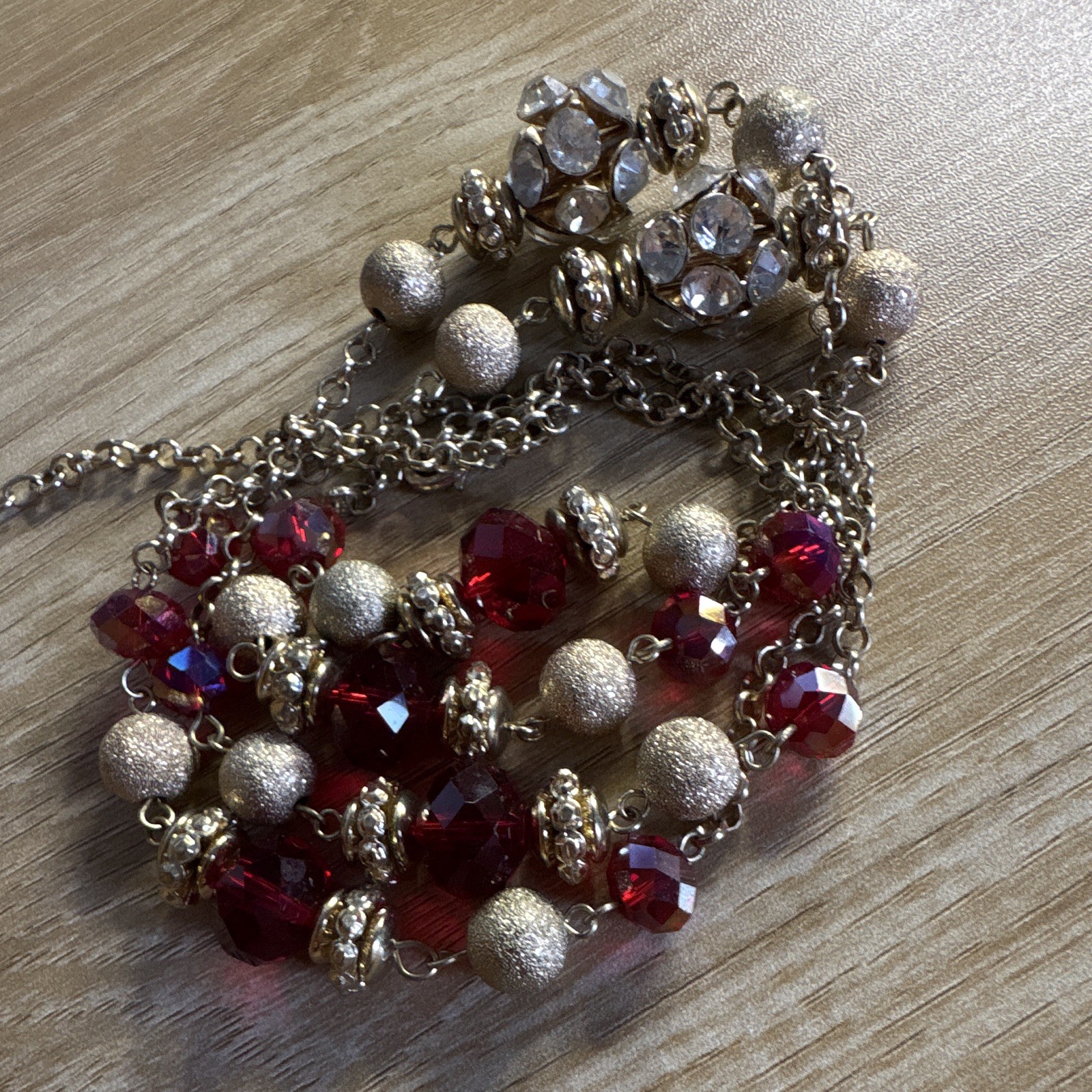 Gold Tone Cable Chain Station Necklace Red & Clear Simulated Crystal Adjustable