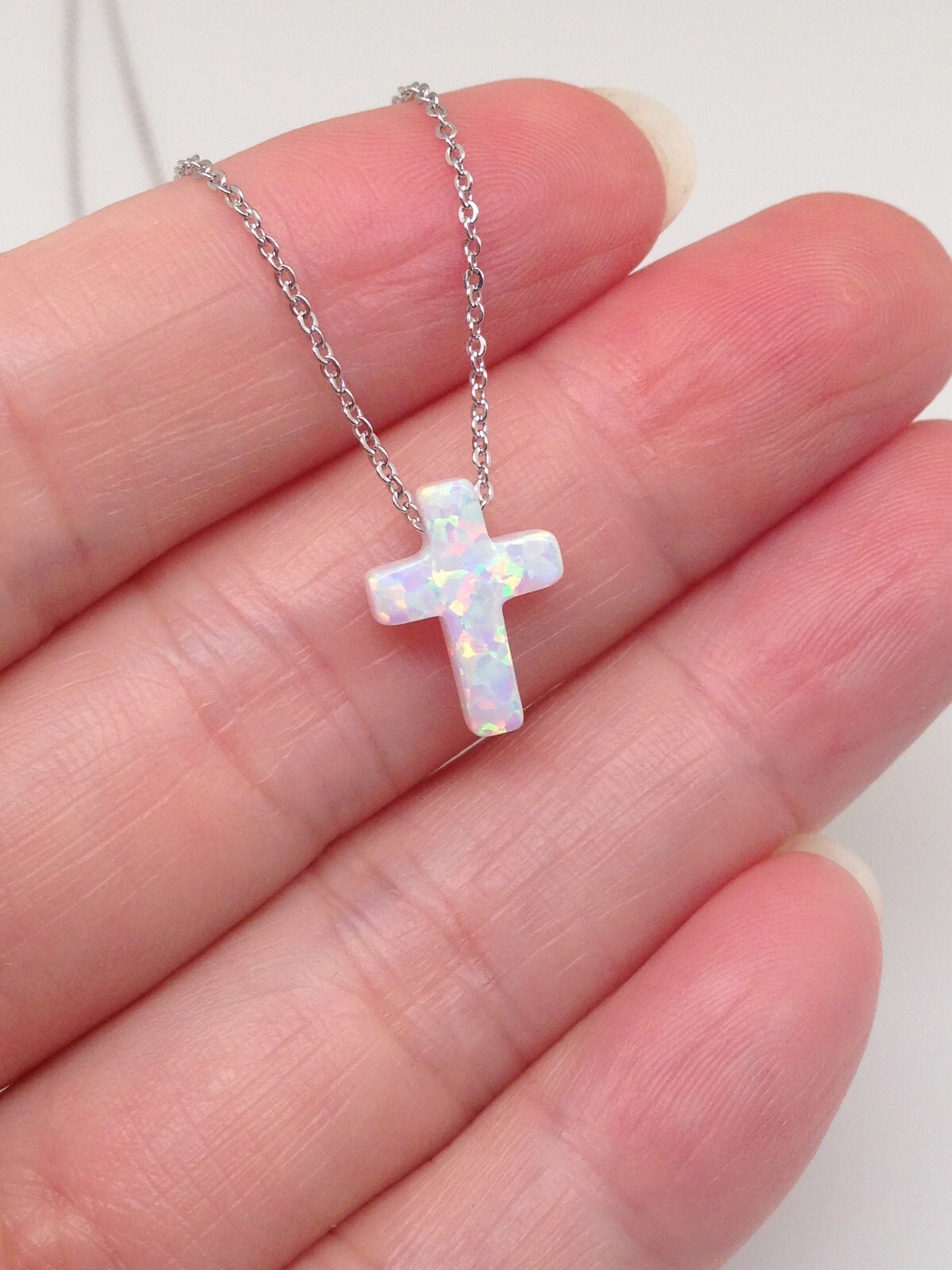 White Opal Cross Necklace 925 Sterling Silver Womens Girls 12mm 17.75″ Simulated