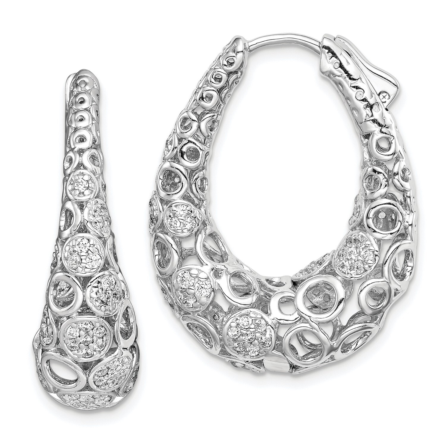 Sterling Silver Accent Pave Set CZ Fancy Oval Hinged Hoop Earrings 32mm to 40mm
