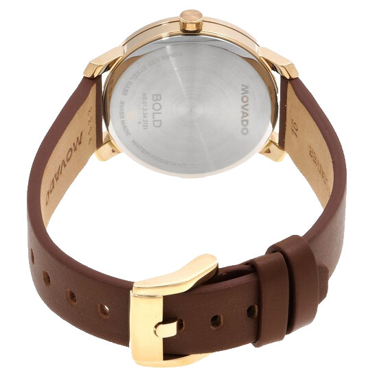 MOVADO BOLD 3601166 WHITE DIAL BROWN LEATHER STRAP QUARTZ 34MM GOLD WOMENS WATCH