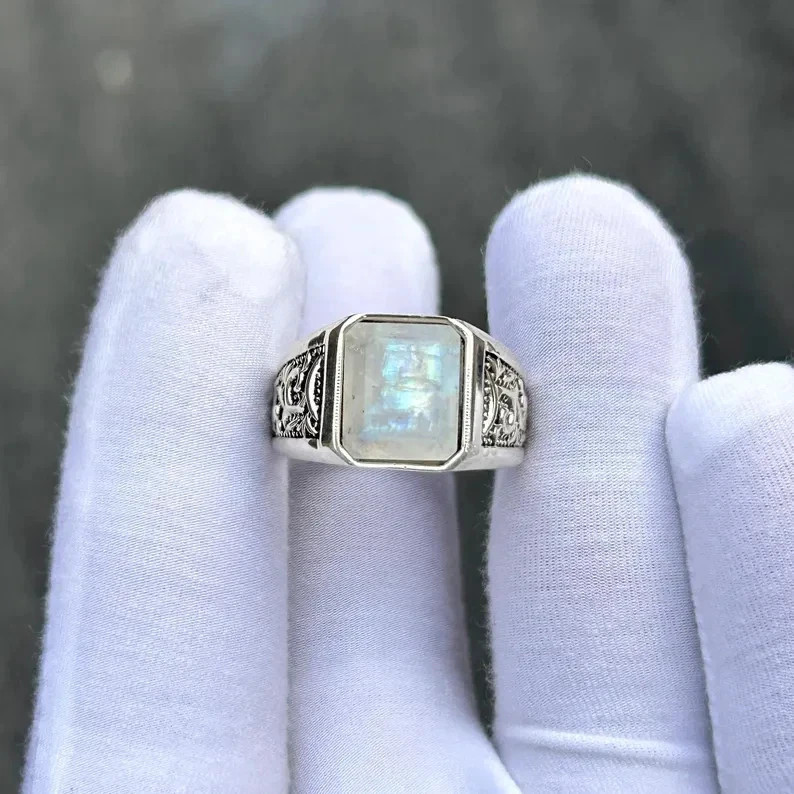 925 Sterling Silver Rainbow Moonstone Ring for Men Handmade Statement Ring
