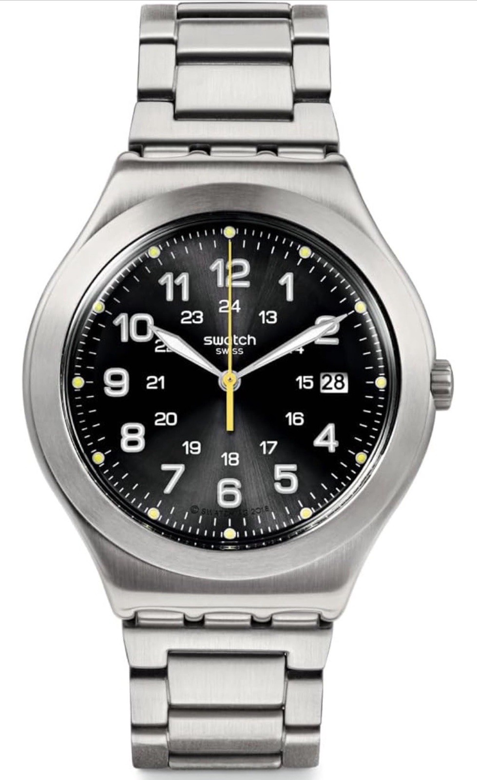 Swatch Happy Joe Lime Quartz Date 24-Hour Black Dial Silver Steel Bracelet