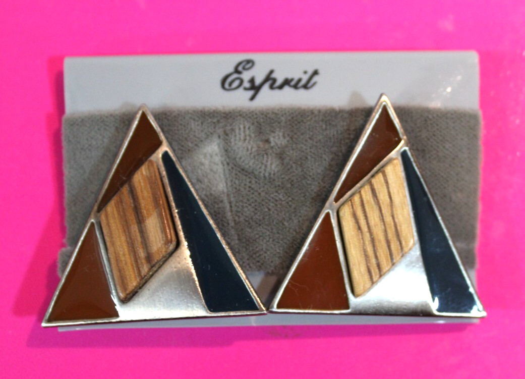 Large Vintage Esprit Couture Clip On Earrings Triangle 70’s 80’s Silver Enamel