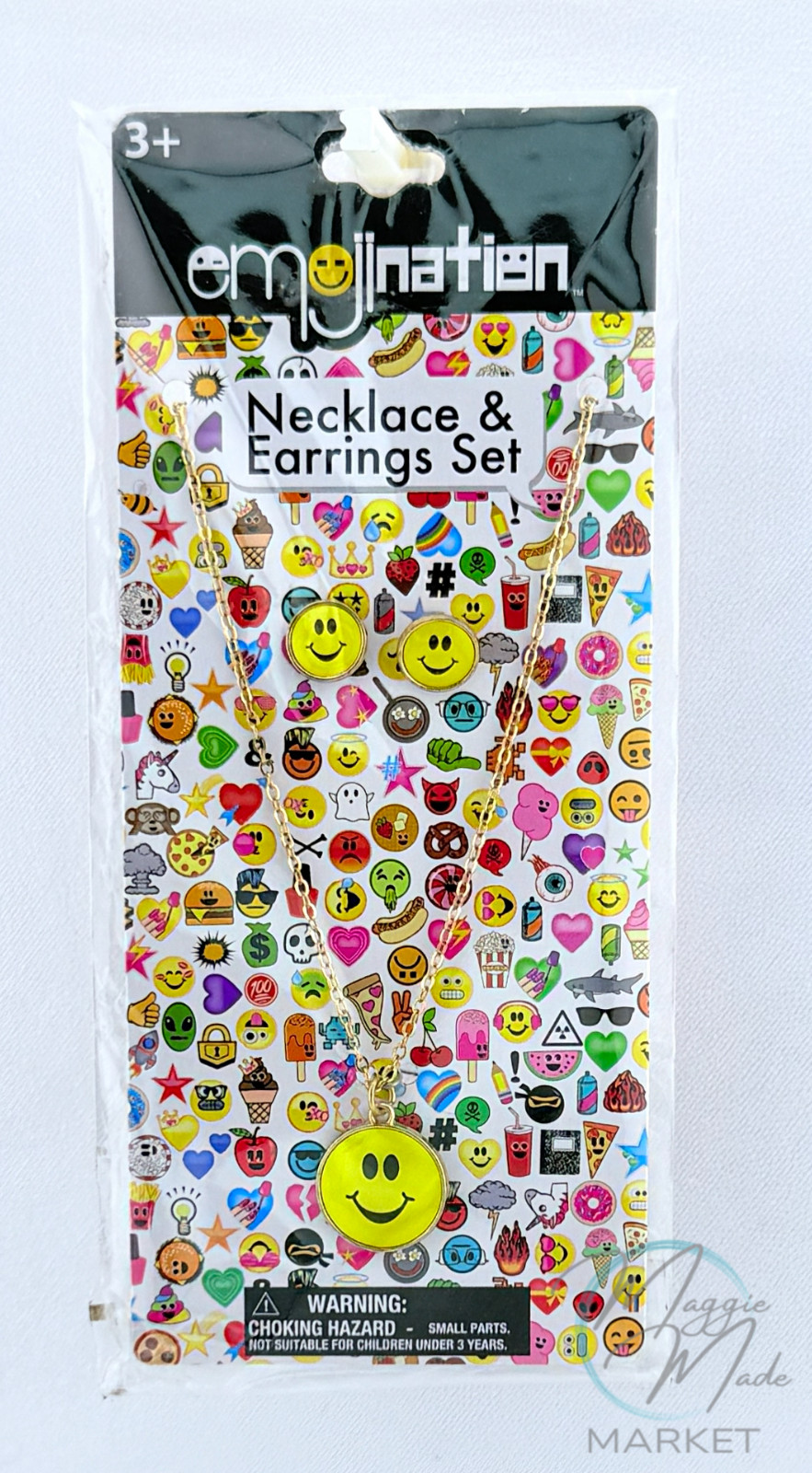 New Emojination Smiley Face Necklace & Earring Set Fun Yellow Emoji Jewelry Kids