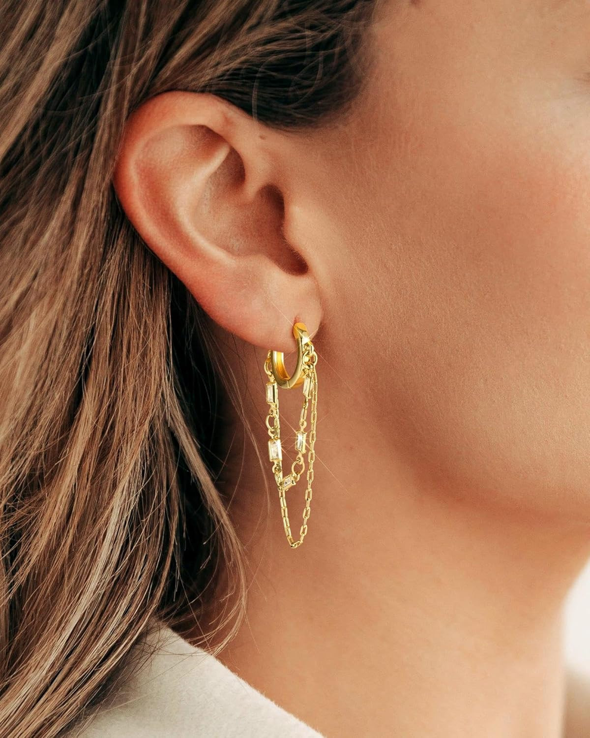 Tassel Chain Small Gold Hoop Dangle Earring for Women Huggie Earring Heart Star