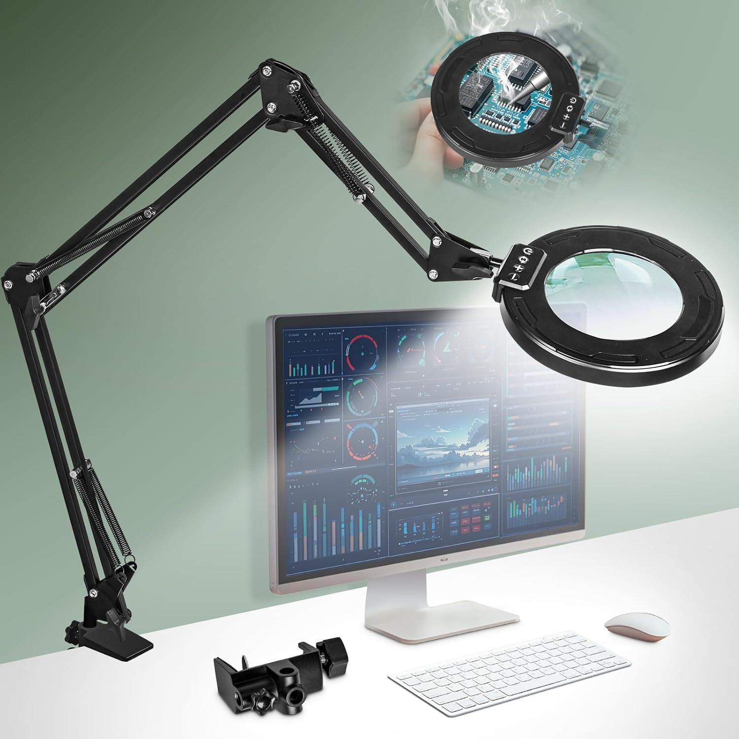 Ultra Long 3-Section Swing Arm 12X Magnifying Glass with Light and Stand, 4-Way