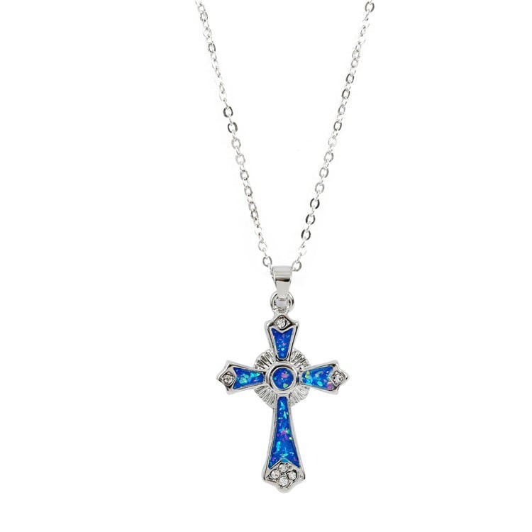 Dark Blue Opal Cross Pendant Necklace Christian Jewelry for Men Women Gift