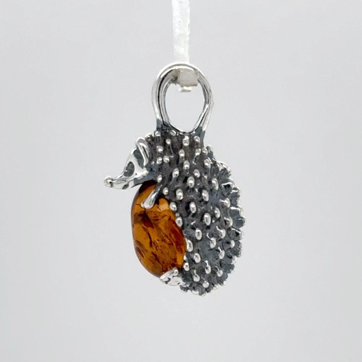 Cognac / Brown BALTIC AMBER Hedgehog Pendant 925 STERLING SILVER Poland #5250e