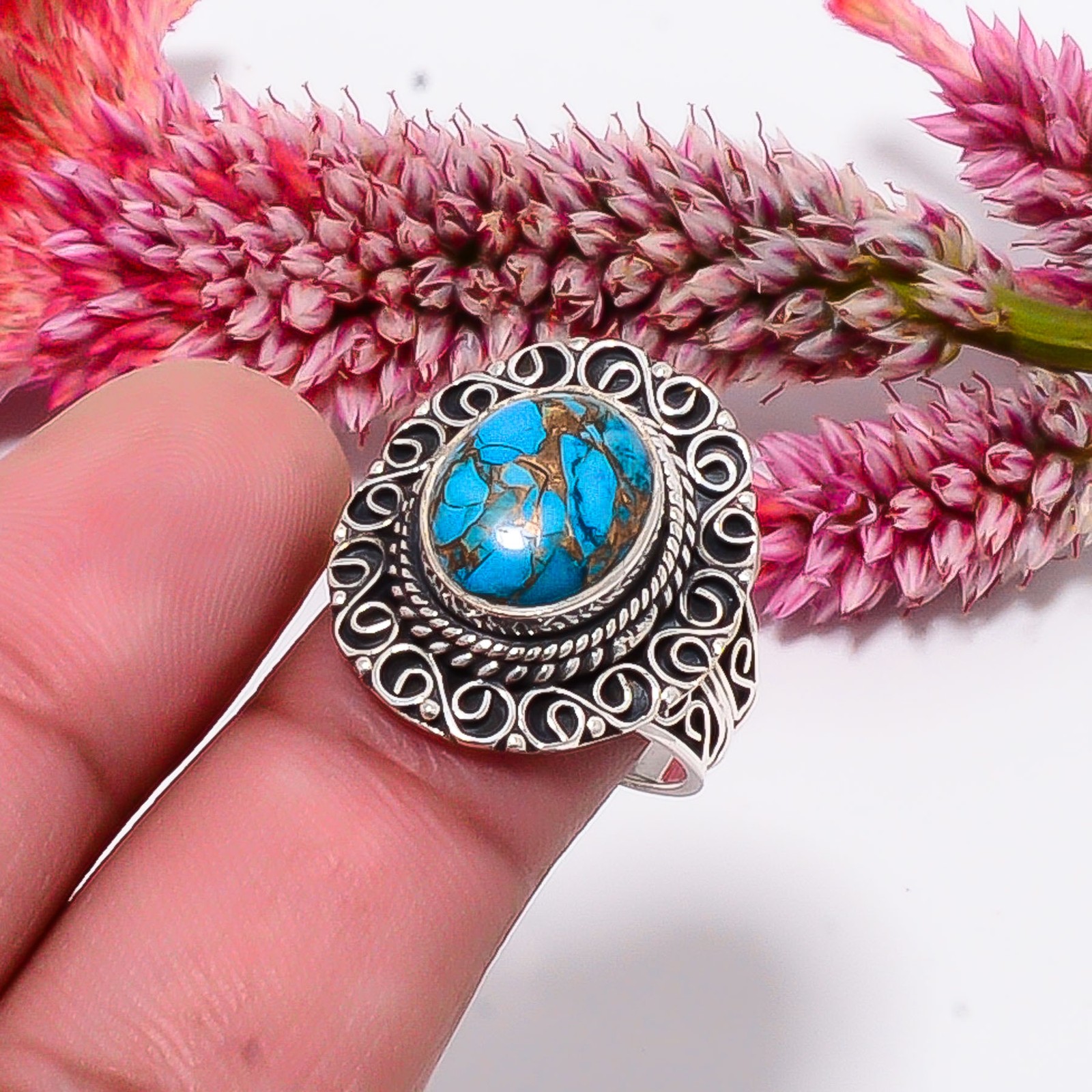 Copper Blue Turquoise Fine Art Oxidised 925 Sterling Silver Ring S.8.5 R115522
