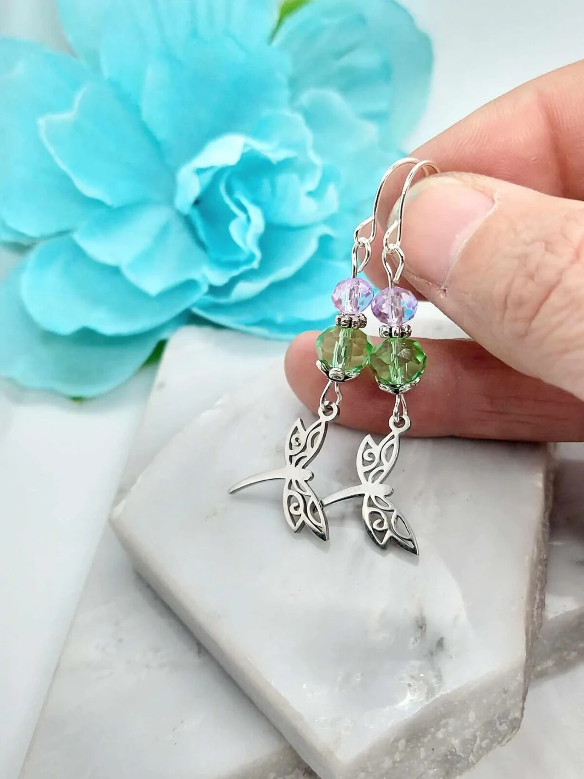 Dragonfly Charm Earrings with Glass Dangles – Stainless Steel Jewelry
