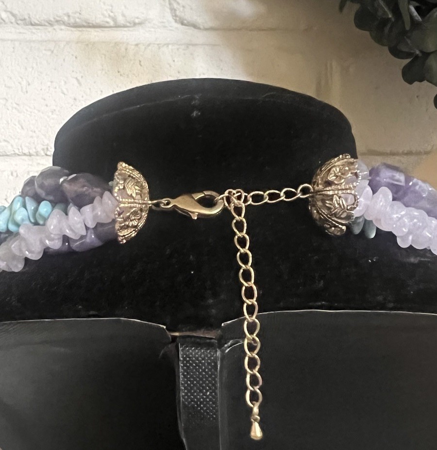 Purple & Teal Faux Stones Plastic Multi Strand Filigree End Caps Beaded Necklace