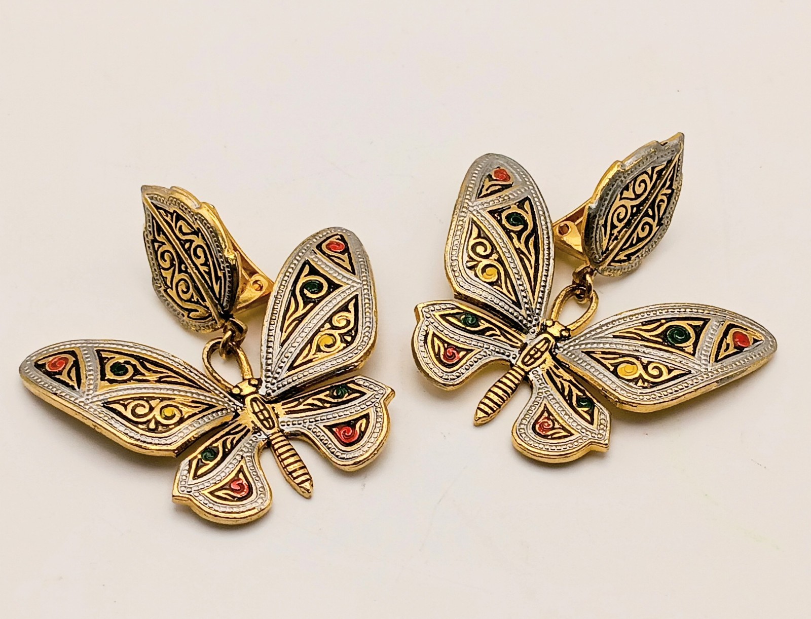 Vintage Toledo Spain Damascene Butterfly Earrings Large Statement Enamel Clip On