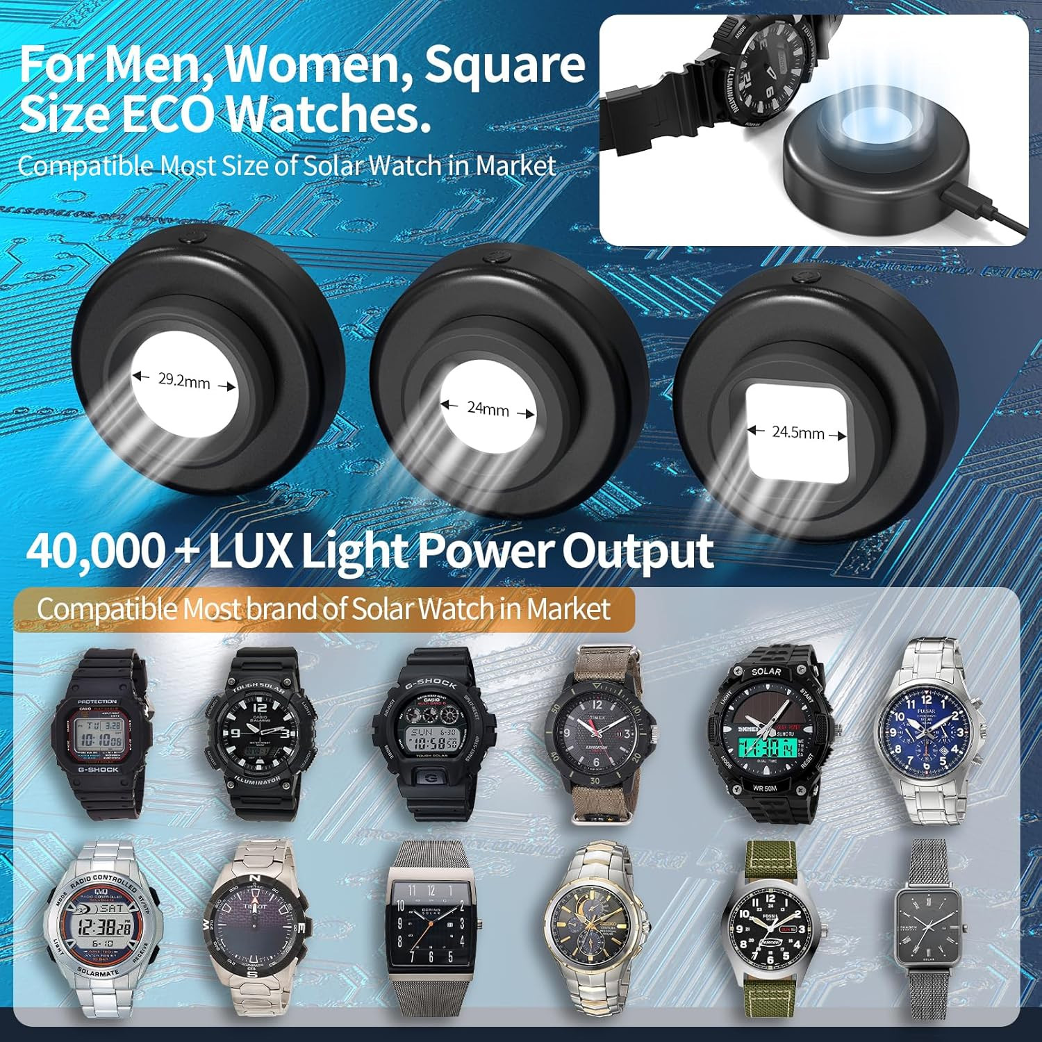 Solar Watch Charger, 8H Timing off with Men, Women & Square 3 Caps, LED UV Light