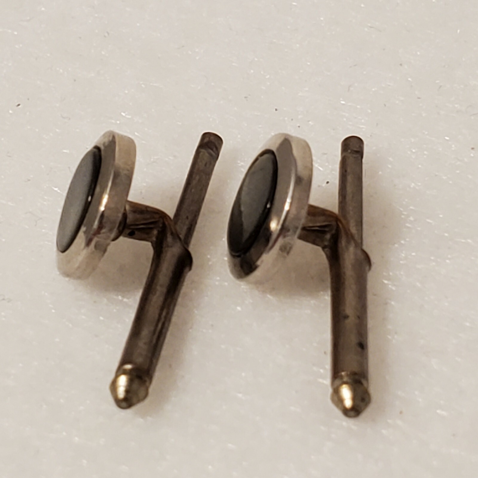 vtg cufflinks round pearlescent stone gray grey pull out pin about 1 inch long