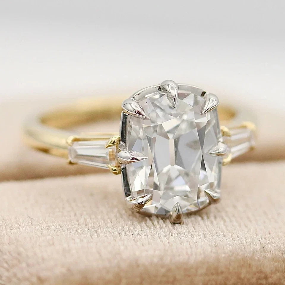 Georgian Elongated Cushion Moissanite Engagement Ring 14K Multi-Tone Gold Plated