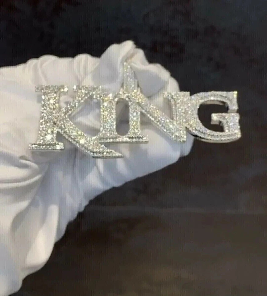 2.80Ct Round Cut Real Moissanite Men’s King Letter Pendant 14K White Gold Plated