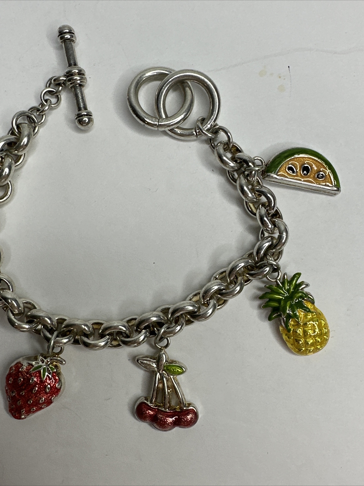 Best Brand Charm Bracelet Fruit Cherry Orange Strawberry Pear Silver Plated 8″
