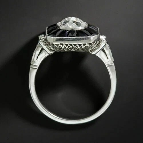 Art Deco Vintage Round Lab Created Diamond & Onyx Engagement Ring In 925 Silver