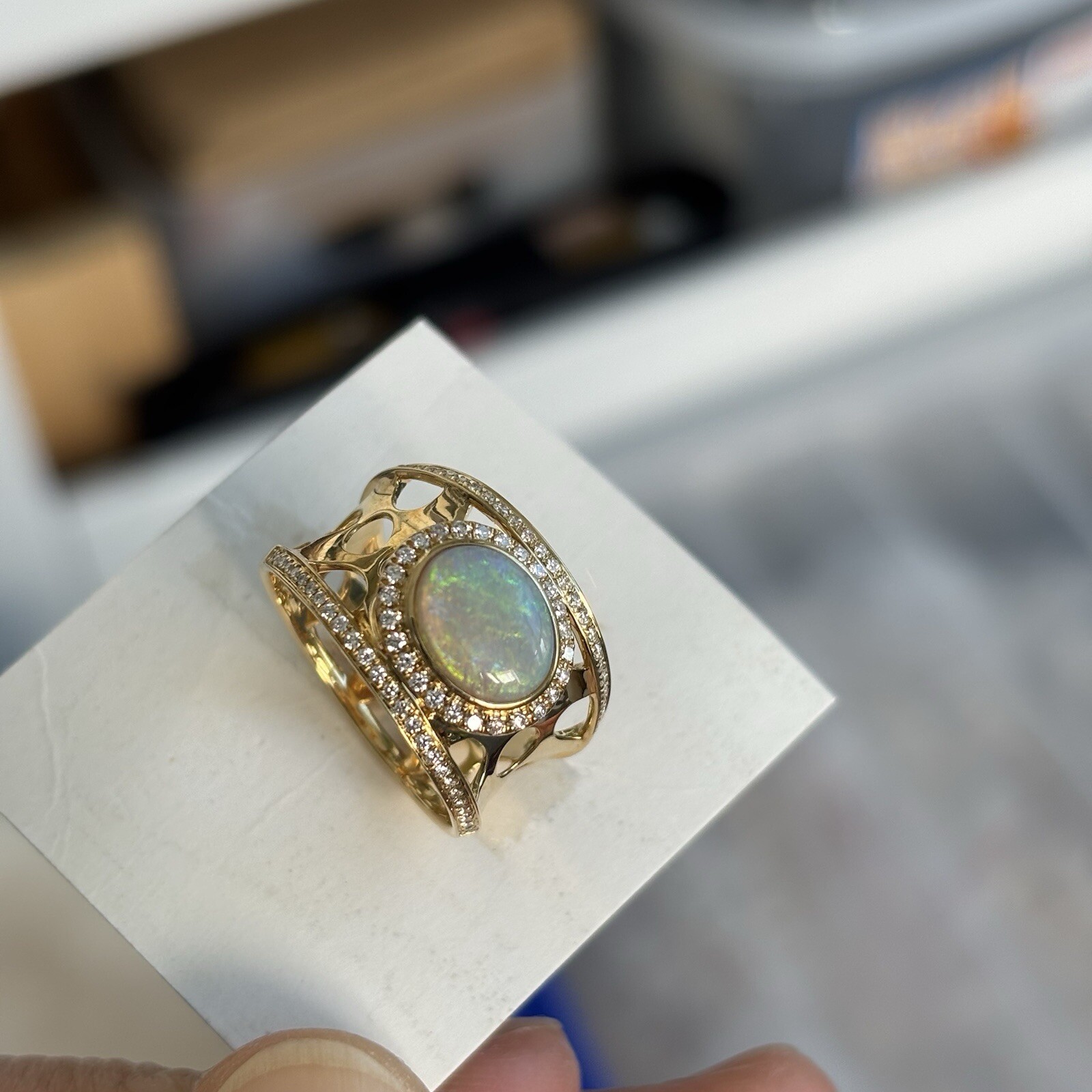 Natural Australia Solid opal w/0.301cts diamond 18K gold ring 29.79cts #O 1/2