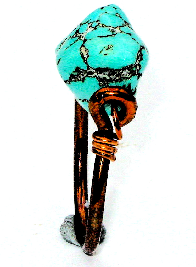 Rustic Handcrafted Copper Ring Simulated Turquoise Howlite Size 9.5 in Boho