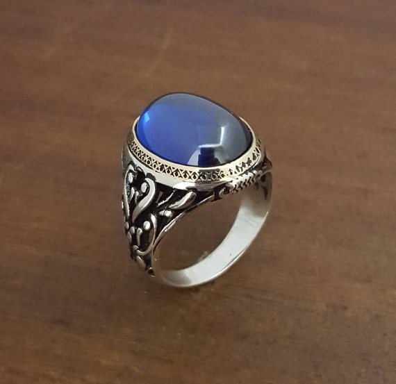 Solid 925 Sterling Silver AA Sapphire Zircon Gemstone Signet Men’s Unisex Ring