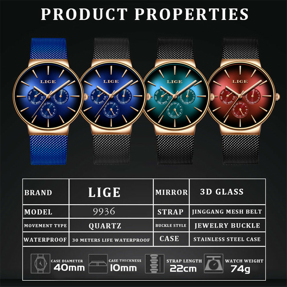 LIGE Men Watches Fashion Ultra-Thin Dial Male Business Weekdays Steel Wristwatch