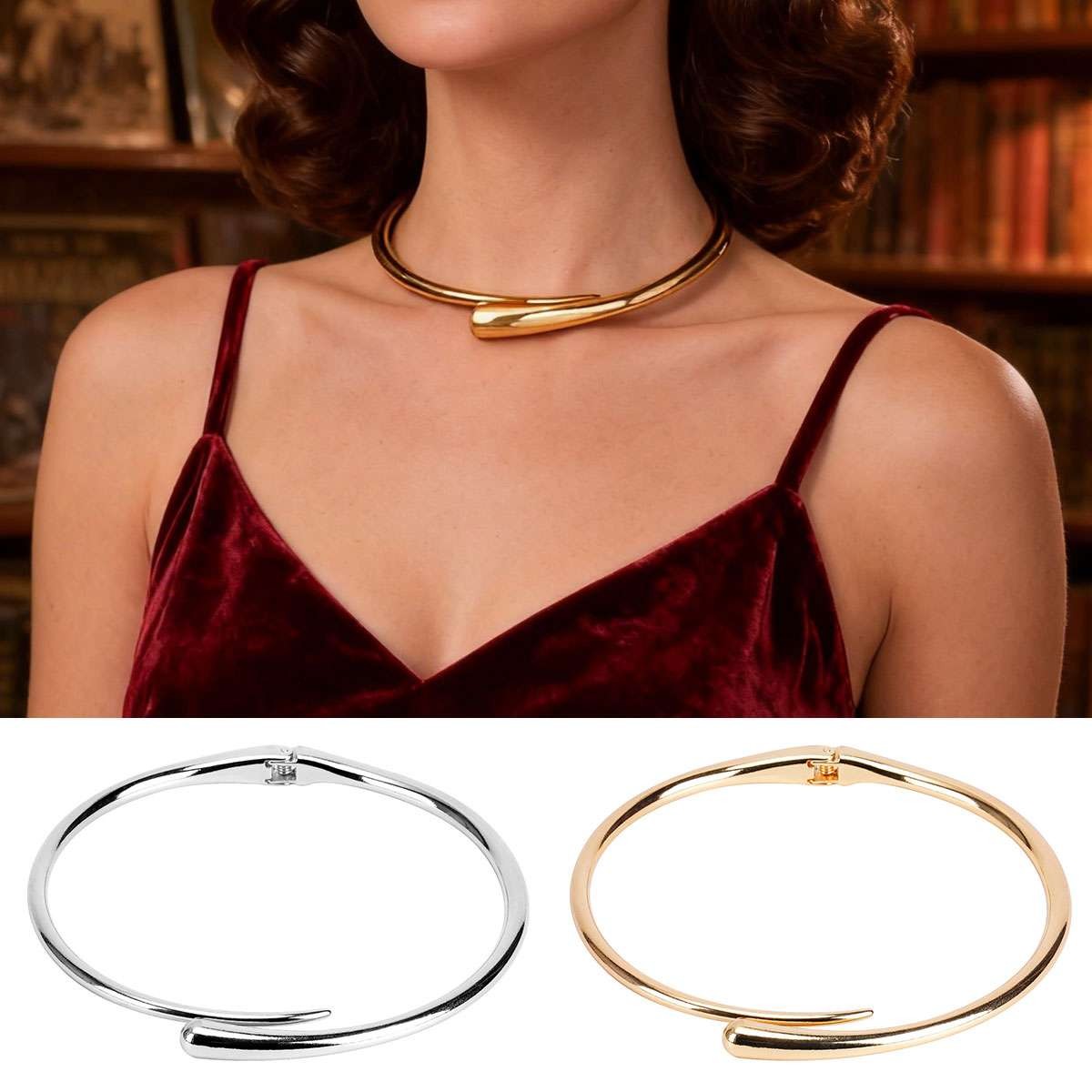 Women’s thick gold Choker necklace neck collar with spring hinge buckle jewelry