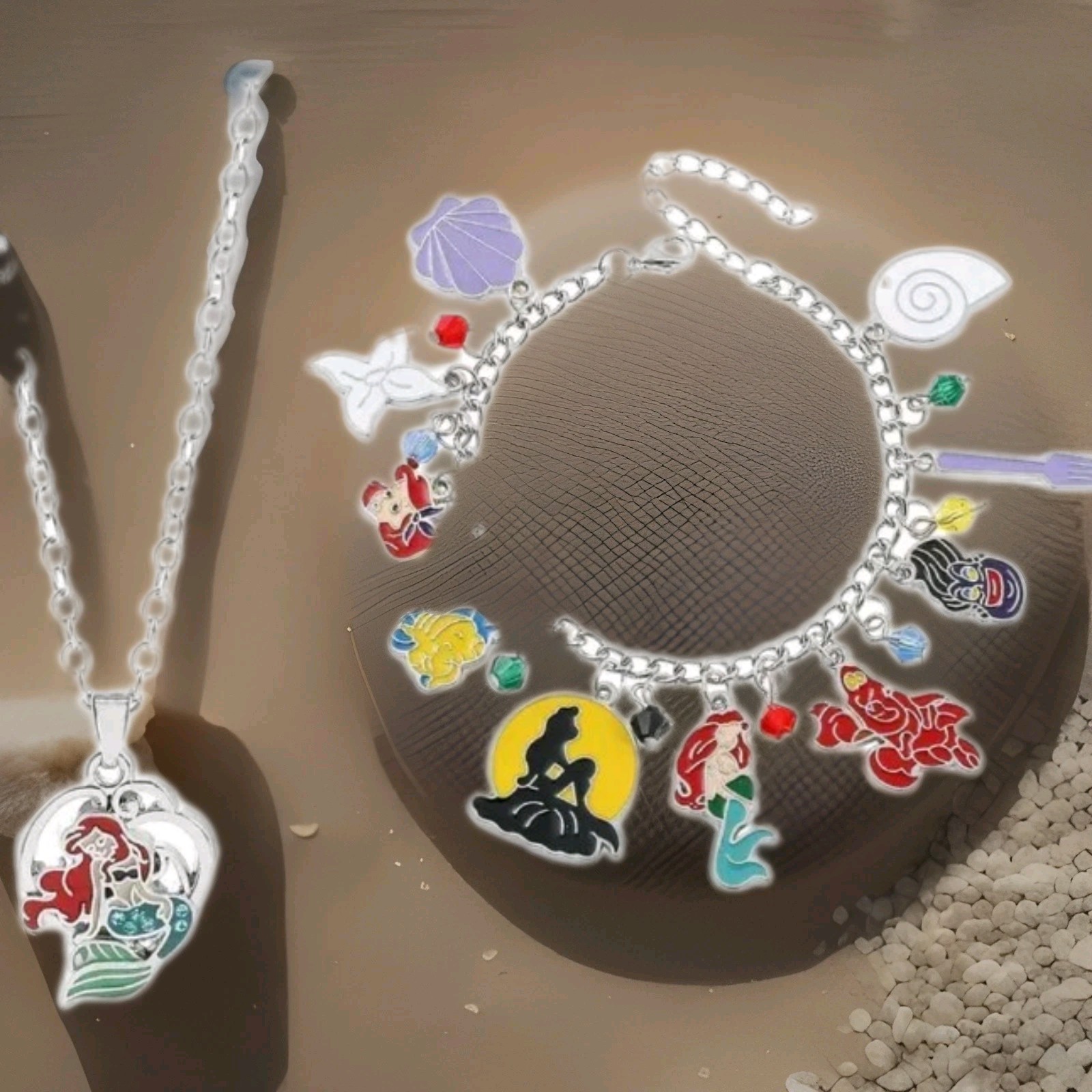 Little Mermaid Charm Bracelet And Necklace Set.Enamel Silvertone All Ages