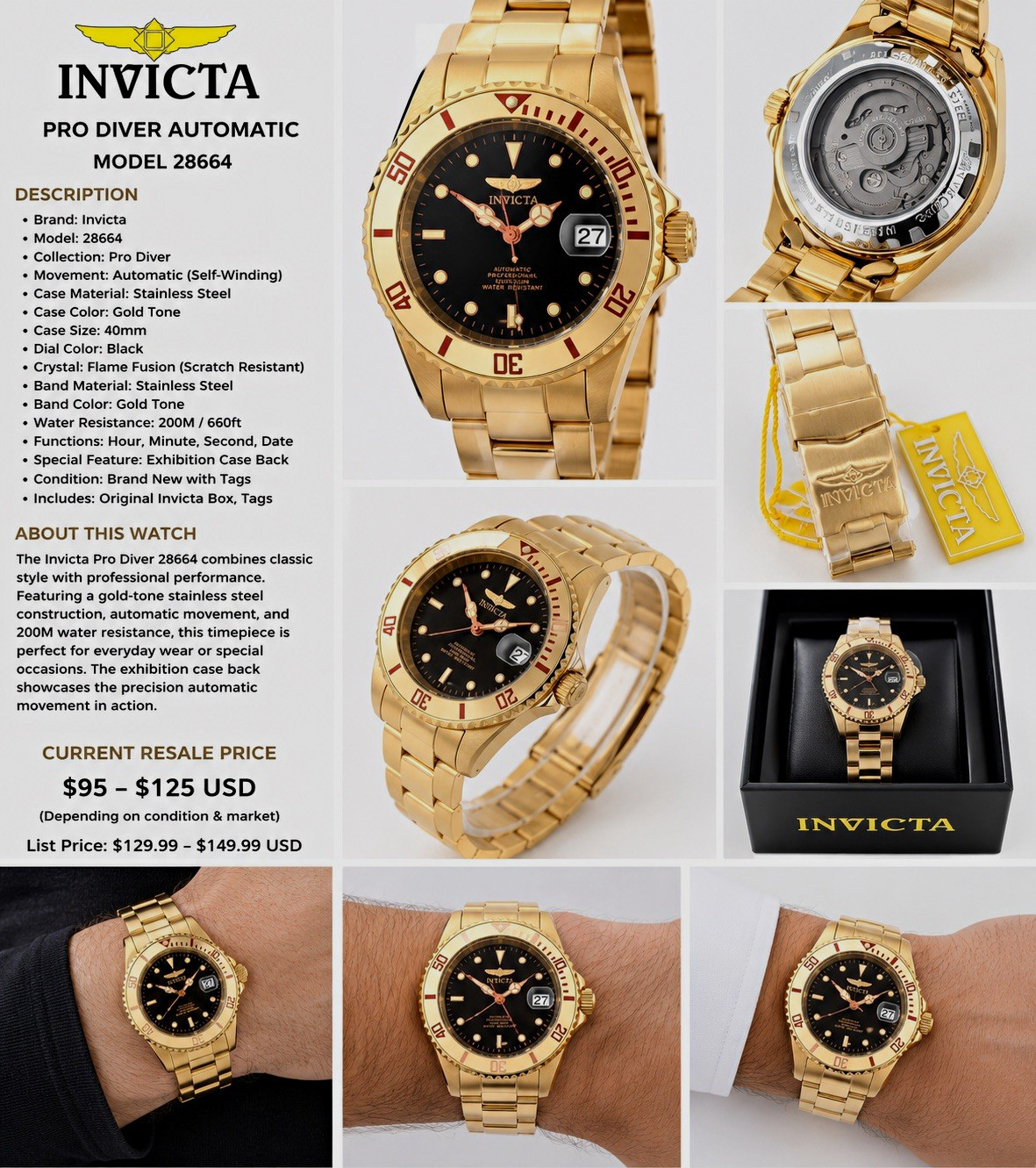 Invicta Pro Diver Men’s Automatic 40mm Black Dial Gold Tone 200m Date Watch