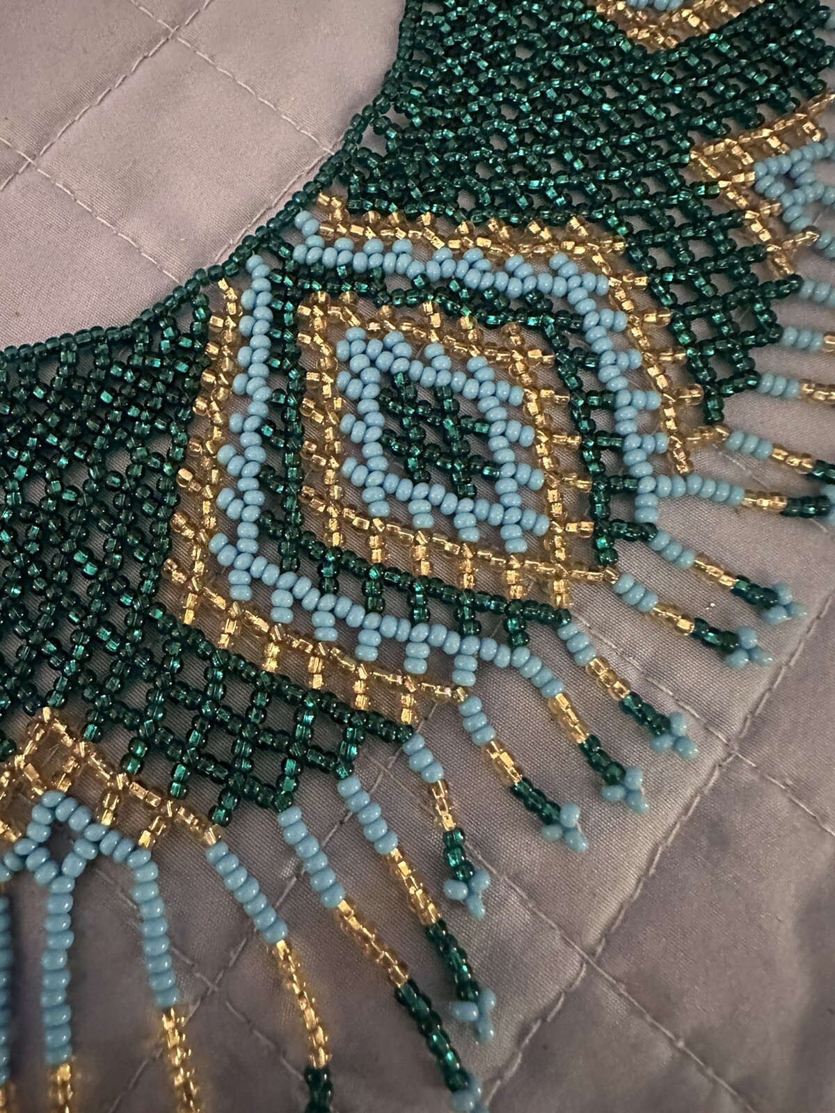 Vintage Bib Blue Green Gold Seed Bead Huichol Fringe Necklace See Desc