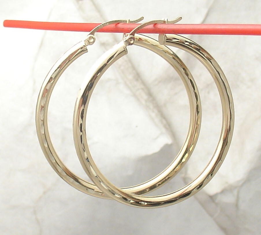1.5″ Diamond Cut Hoop Earrings REAL 10K Yellow Gold FREE SHIPPING 3mm X 40mm
