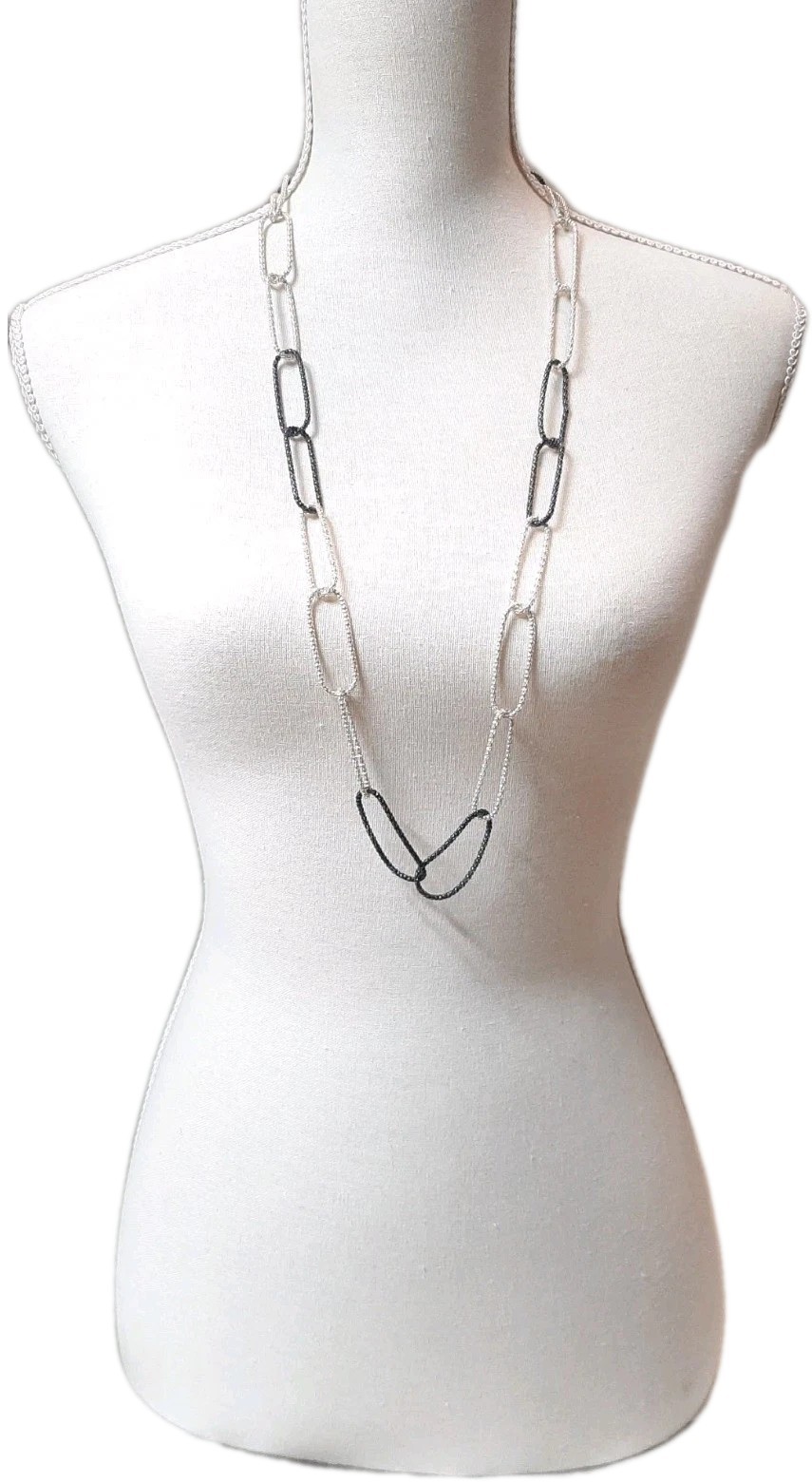 NWOT Dainty Mesh Paperclip Chain Link Long Necklace Silver/Dk Charcoal Gray 36″L