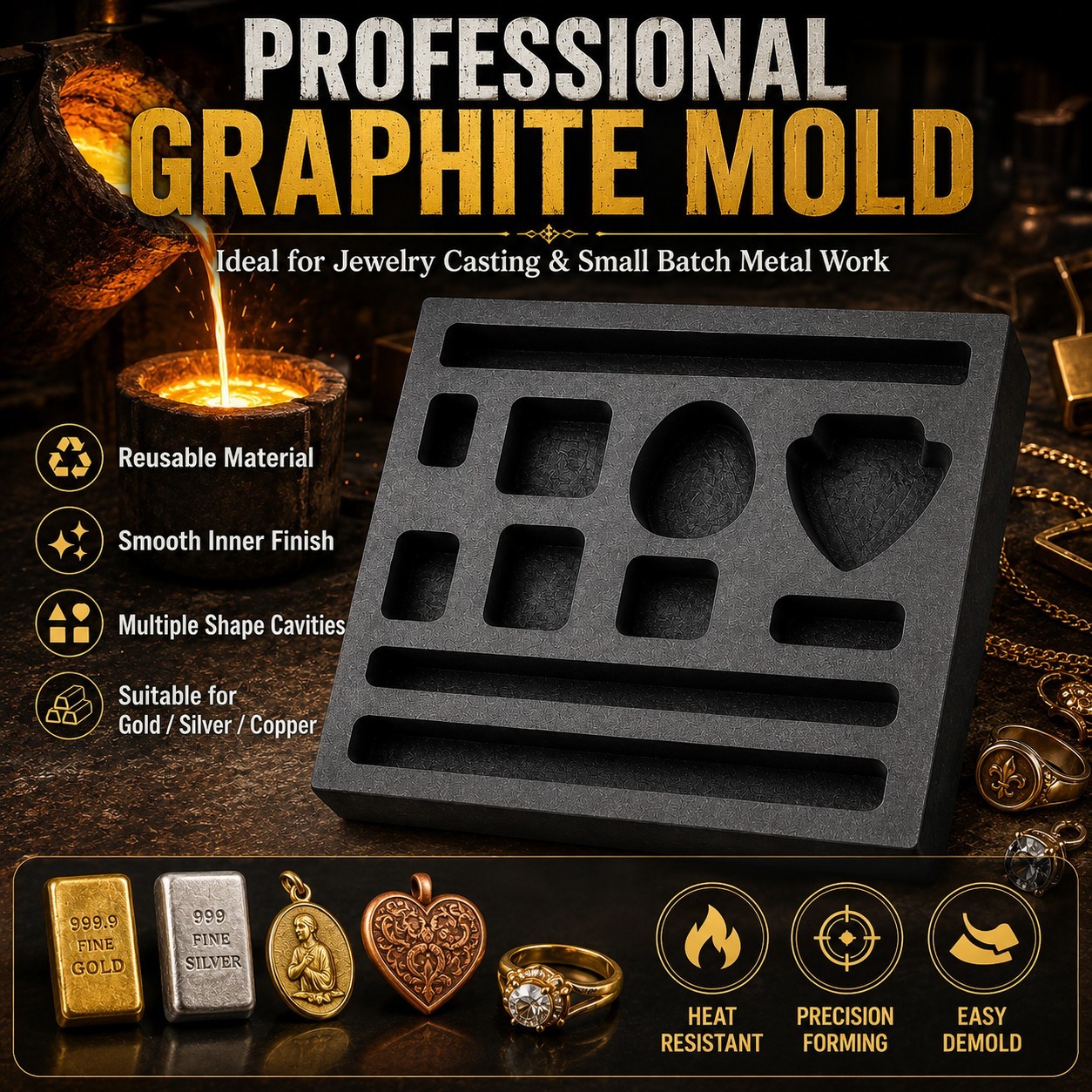 Graphite Ingot Mold 4x4in 11 Cavities Gold Bar Coin Scrap Melting Cast Tool