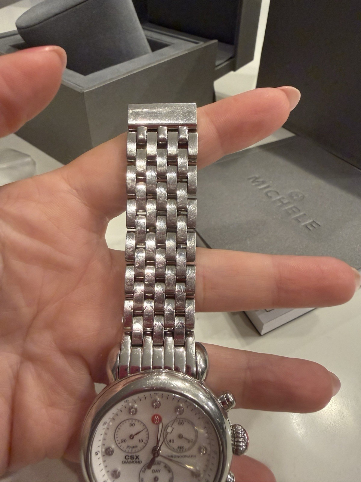 MICHELE CSX Diamond Chronograph Quartz Watch Diamond Markers MOP Dial Box