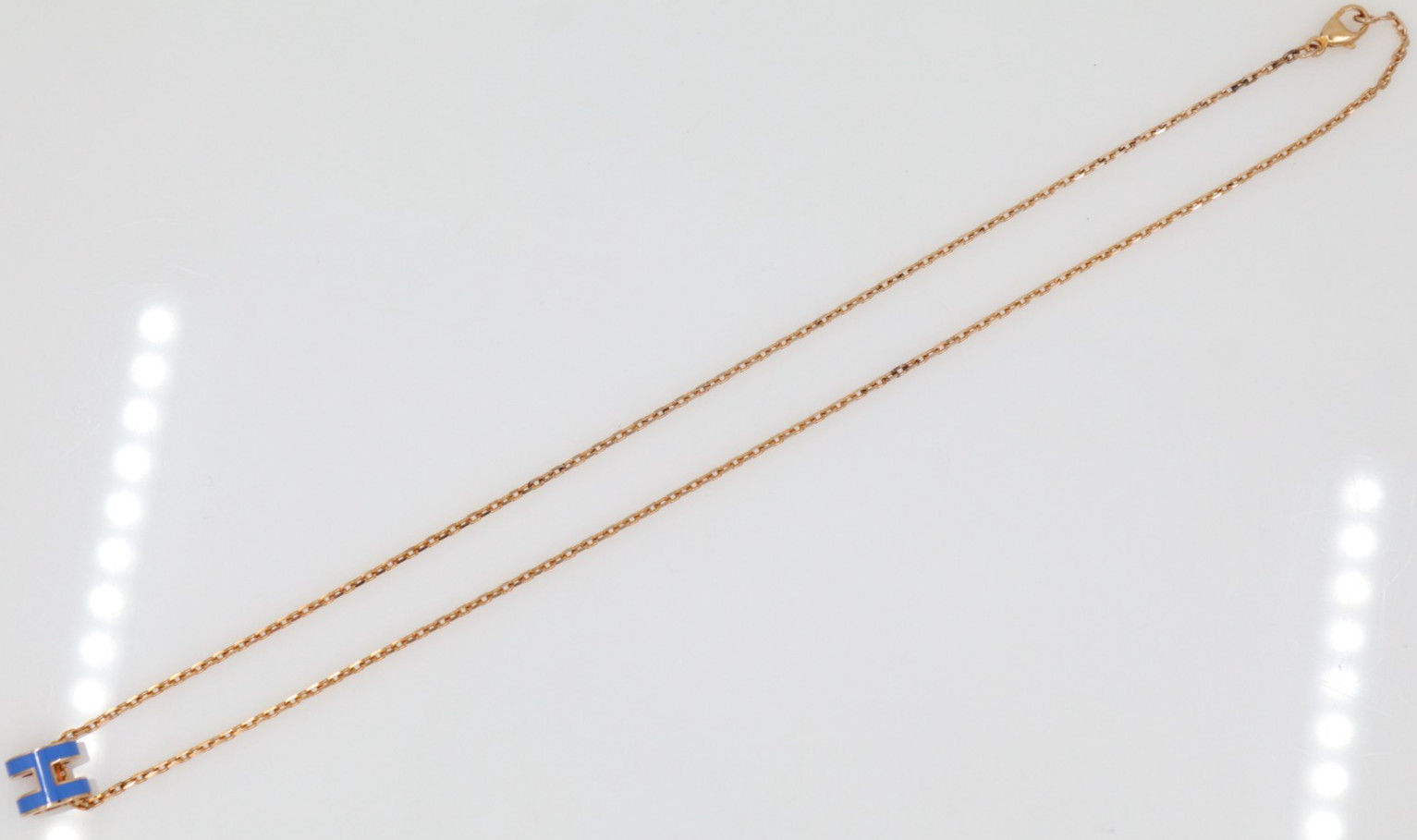 Hermes Mini Pop H Rose Gold Tone & Blue Enamel Pendant Necklace 16″