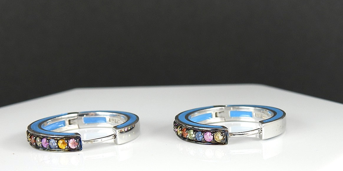 Vintage EFFY Balissima 925 Sterling Silver Enamel Multi Gemstone Hoop Earrings